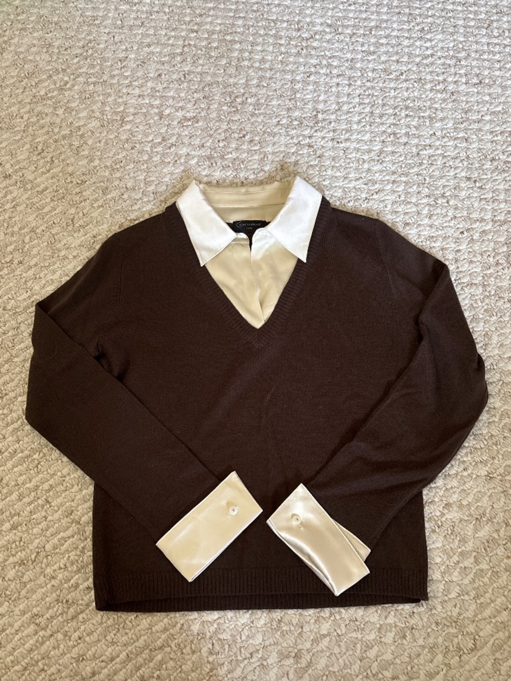 Brown v neck sweater with silk collar and cuffs